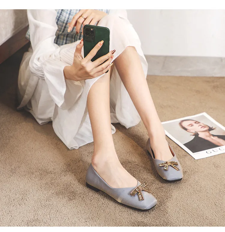 Comelyy Square Head Rhinestone Flat Bottom Women's Shoes