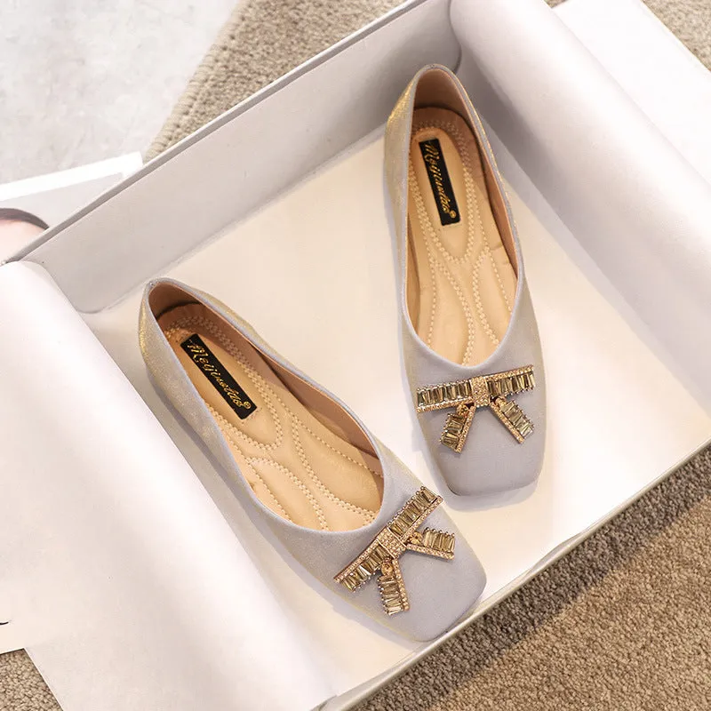 Comelyy Square Head Rhinestone Flat Bottom Women's Shoes