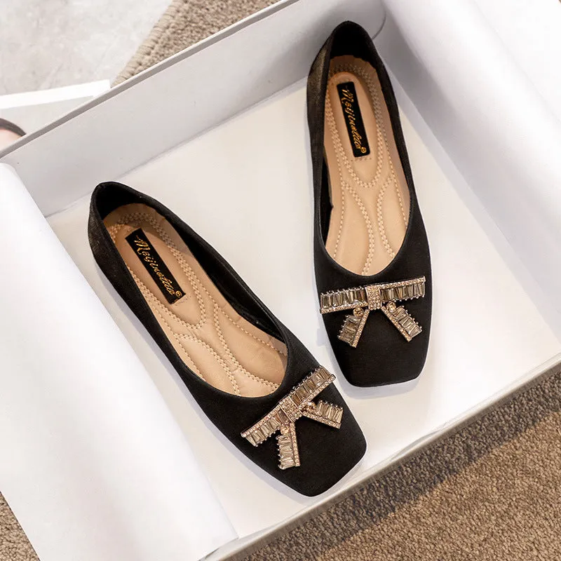 Comelyy Square Head Rhinestone Flat Bottom Women's Shoes