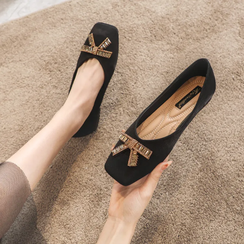 Comelyy Square Head Rhinestone Flat Bottom Women's Shoes