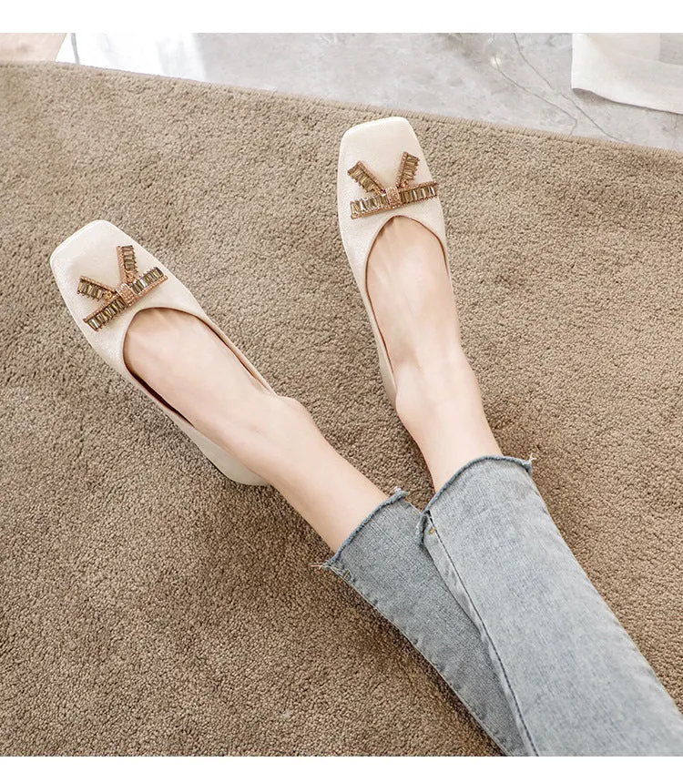 Comelyy Square Head Rhinestone Flat Bottom Women's Shoes