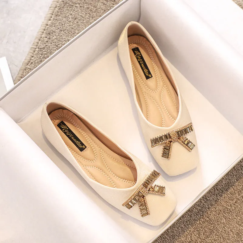 Comelyy Square Head Rhinestone Flat Bottom Women's Shoes