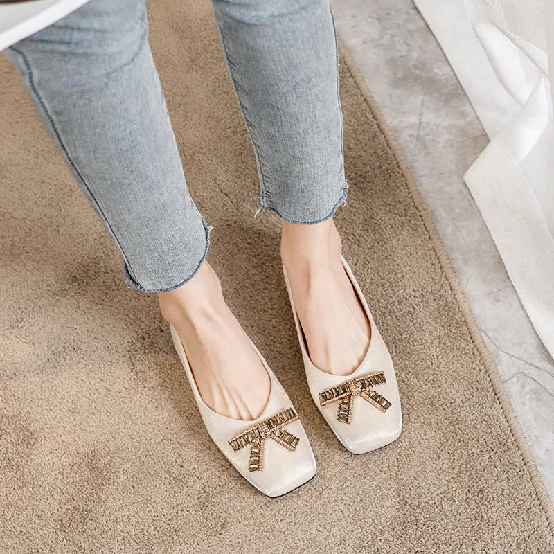 Comelyy Square Head Rhinestone Flat Bottom Women's Shoes