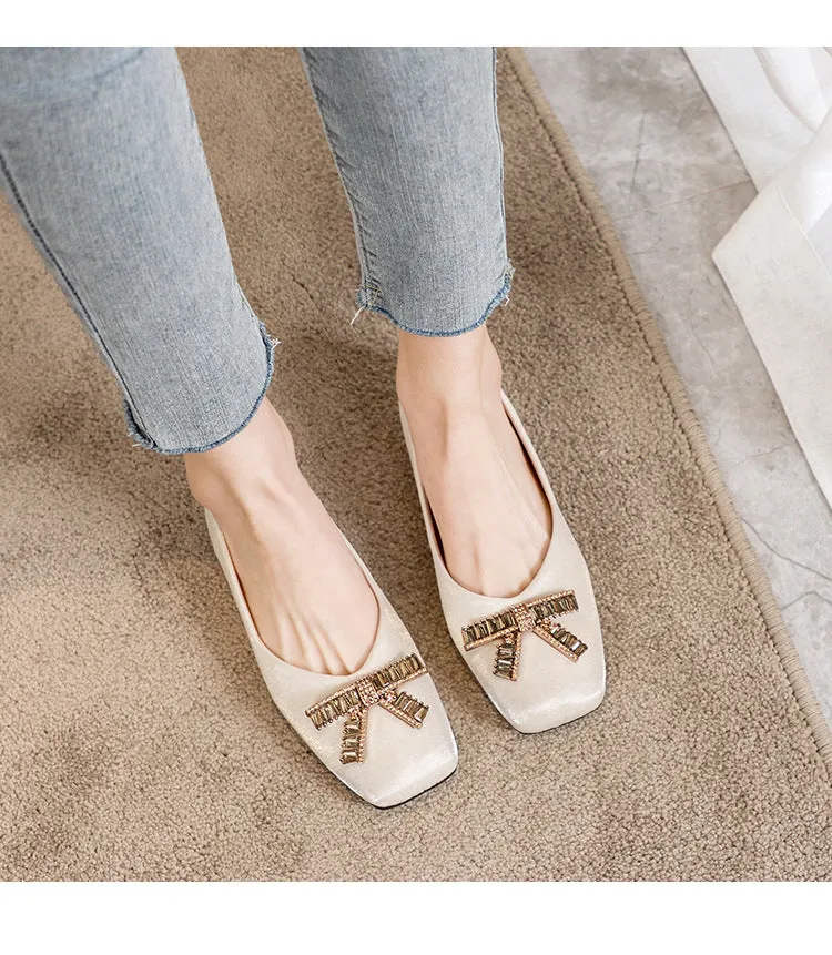 Comelyy Square Head Rhinestone Flat Bottom Women's Shoes